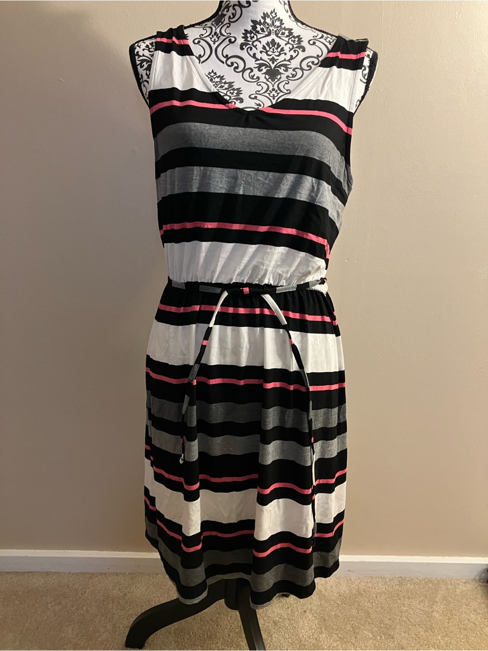 Merona Sleeveless Striped Belted Dress in Black, White & Pink